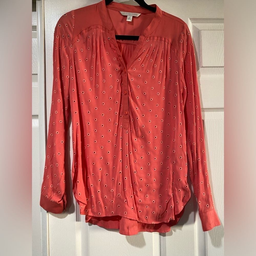 LC Lauren Conrad Long‎ Sleeve Eyelet Blouse Coral Orange Pink Top Size XS